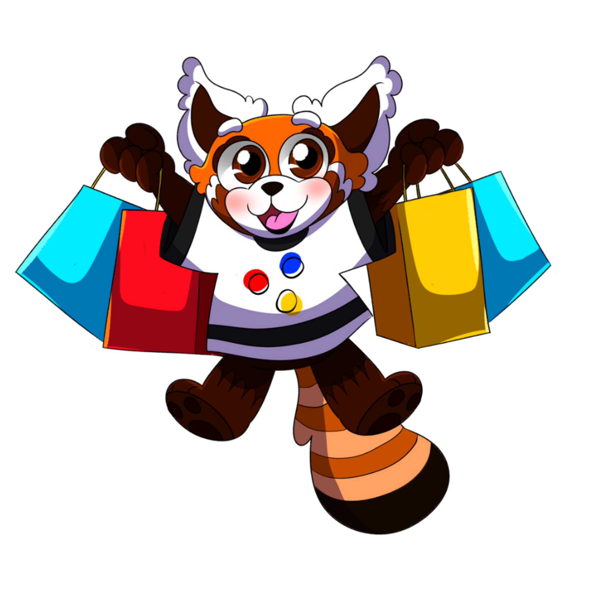 Pandie, the red panda character from The Great Grandie book, is holding multiple shopping bags as he is showing off the prizes he earned for filling his Grandie Goal Jar.