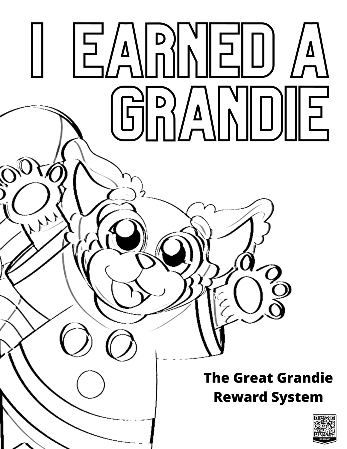 Pandie the red panda waving "hi" with both arms out and the coloring text reads, "I earned a Grandie".