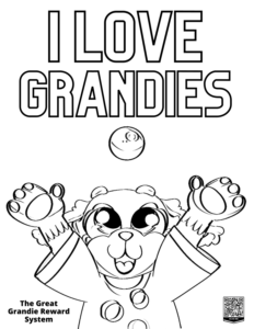 "I love Grandies" with Pandie the red panda throwing a Grandie in the air.