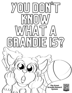 The coloring text reads, "You don't know what a grandie is?" Pandie the red panda has a shocked look with hands on cheek and mouth open.