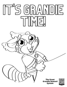 Coloring text reads, "It's Grandie Time" with Pandie the red panda lifting a page corner.