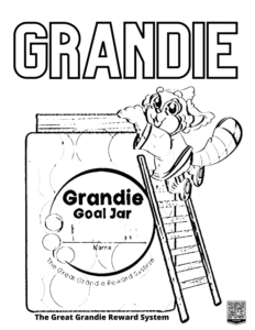 Coloring text reads, "Grandie", and has Pandie the red panda climbing a ladder to jump into a Grandie Goal Jar