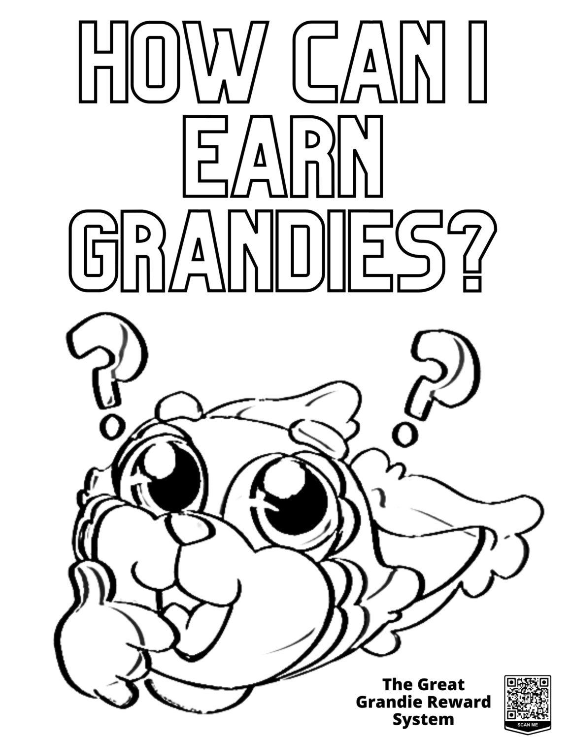 The coloring page text reads, "How can I earn grandies?" with Pandie the red panda thinking.