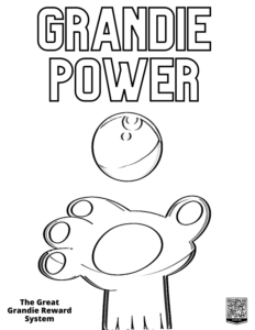 Coloring text reads "Grandie Power" with Pandie the red panda's paw throwing a Grandie.