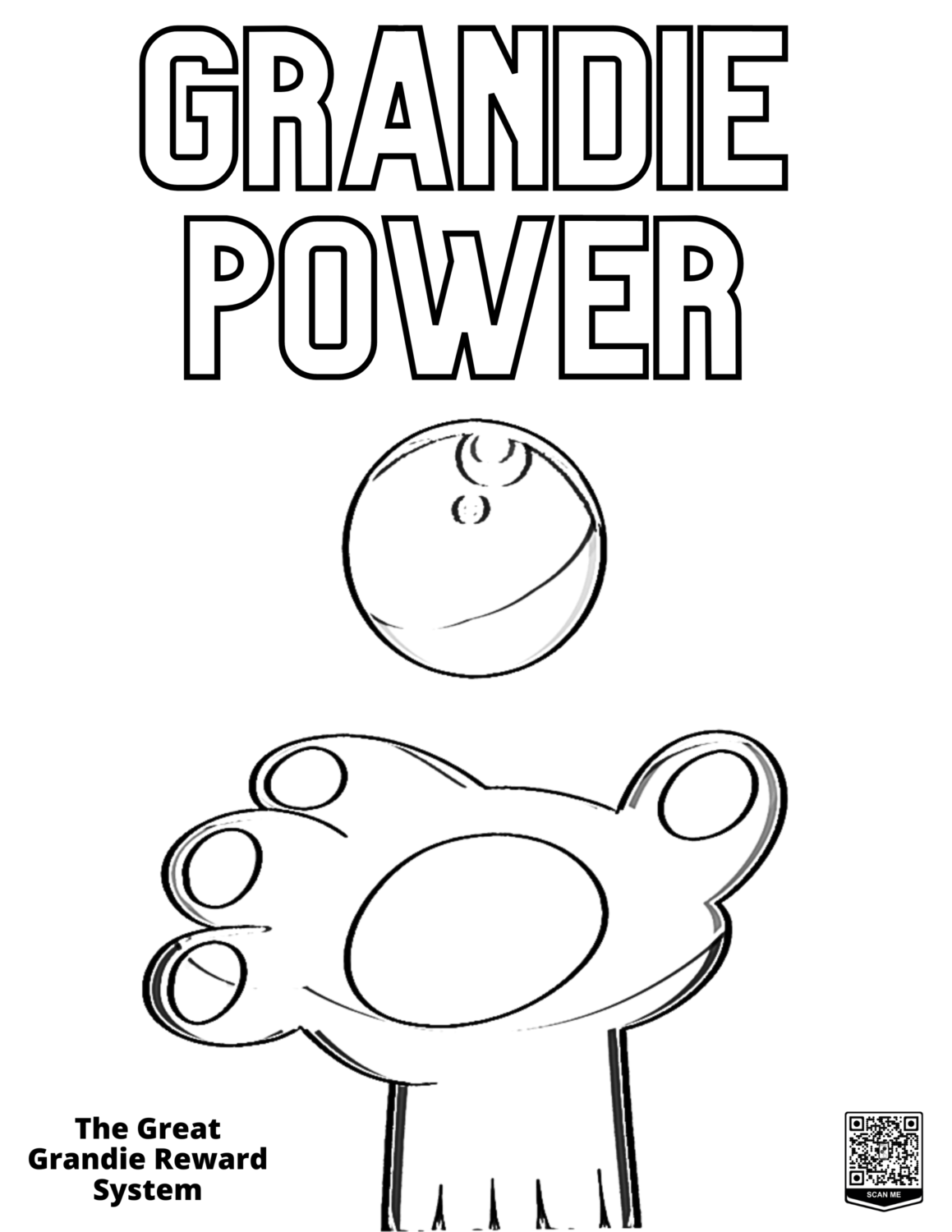 Coloring text reads "Grandie Power" with Pandie the red panda's paw throwing a Grandie.