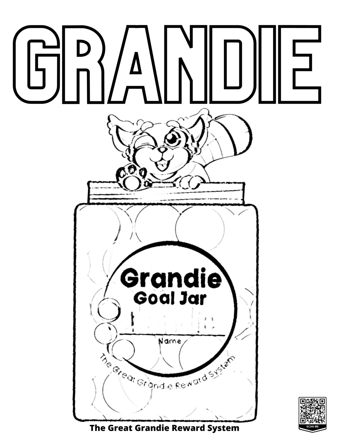 The coloring text reads, "Grandies" and Pandie the red panda is popping out of the top of a Grandie Goal Jar